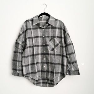 Oversized Gray and Black Plaid Flannel Button Down